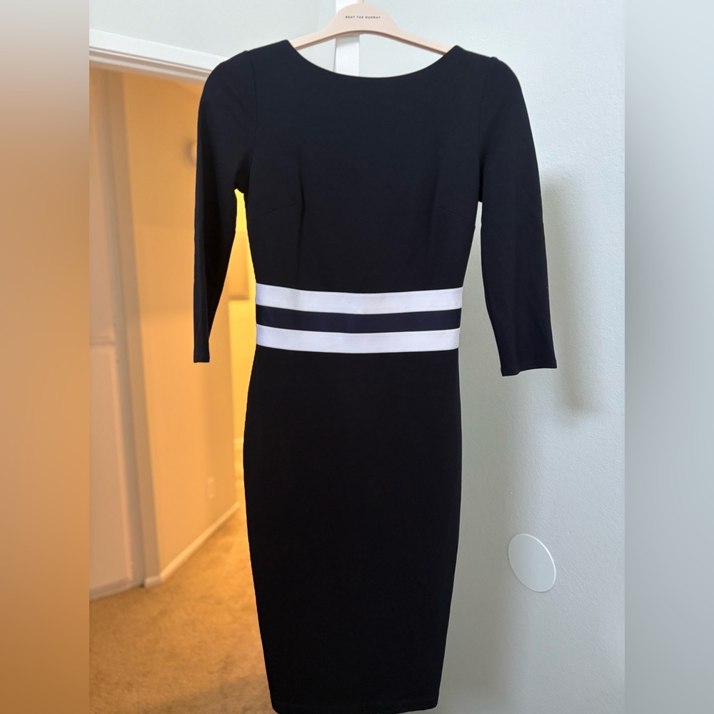 NWOT Bailey/44 Women Dress Navy/White 3/4 Sleeve V Back Zip Sz S